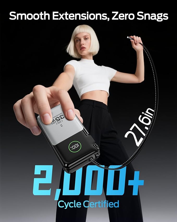 MOVE SPEED 3 in 1 Portable Charger with Built-in Retractable 27.6in Cable and Foldable Wall Plug, 35w 10,000mAh GaN Fast Charging Power Bank, Travel Essential Battery Pack for iPhone 17/16/15,Galaxy