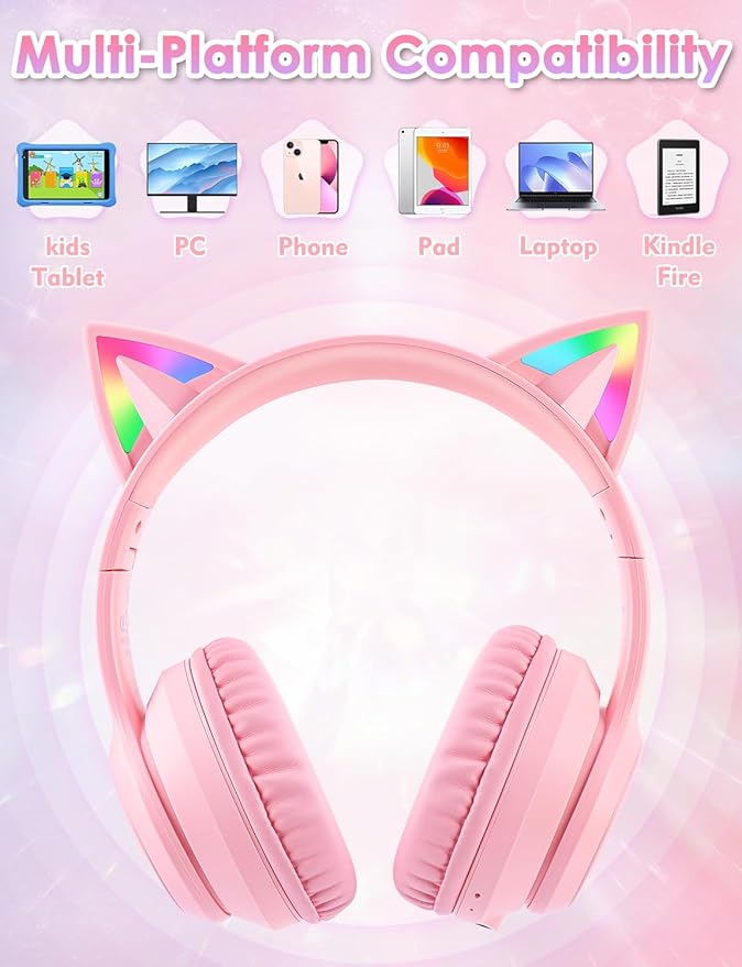 Bluetooth Kids Headphones with Microphone, Cat Ear LED Light Up and 85dB Volume Limiting Toddlers Study Headphones, Wireless Foldable HI-FI sound Over-Ear School Headphones for iPhone/iPad/Laptop/PC