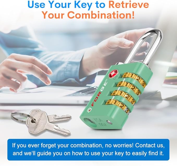 Forge Dual-Opening: Key or Combination Access Lock, TSA Approved Locks for Luggage, Pelican case, Travel, Gym, School, Stainless Steel Shackle. (Green, 2 Pk)