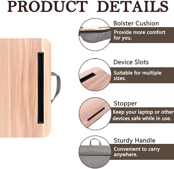 Portable Laptop Desk Fits Up to 16“ Laptops, with Tablet Slot, Built-in Cushion, Great for Home & Office,Lap Desk for Laptop,Lap Desk with Cushion (Warm Brown, Medium)
