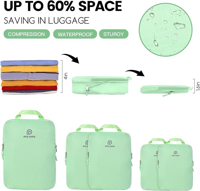 Lightweight Compression Packing Cubes for Suitcases, Compressible Expandable Travel Packing Organizer with Clear Toiletries and Backpack Bag, Travel Essentials for Carry on Luggage 7 Set