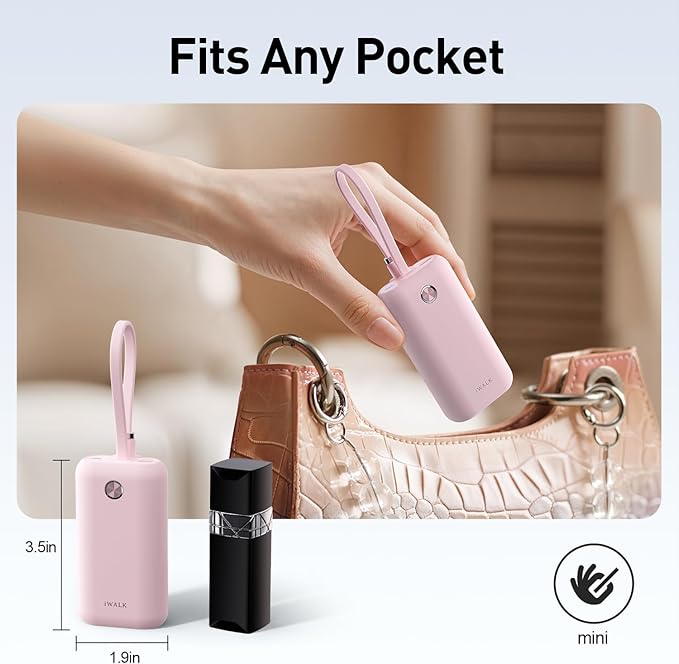 iWALK Mini Portable Charger 10,000mAh, 22.5W USB-C Fast Charging Power Bank with Built-in Cable, Travel Essential Ultra-Small Battery Pack Compatible for iPhone 16/16 Pro/15, Samsung, Google, Pink