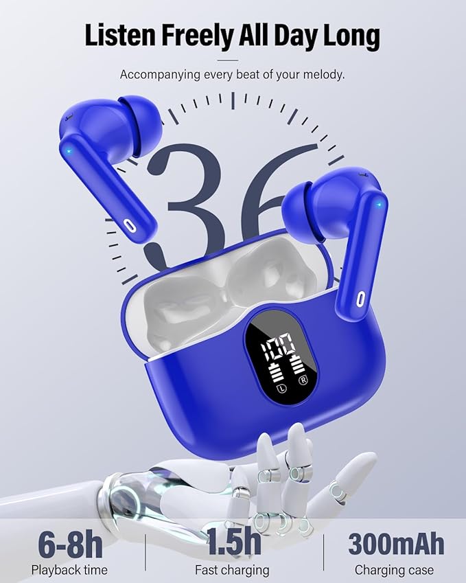 Wireless Earbuds, Bluetooth 5.4 Headphones Bass Stereo, Ear Buds with Noise Cancelling Mic, LED Display in Ear Earphones Clear Calls, IP7 Waterproof Bluetooth Earbuds for Laptop/Phones/Sports, Blue