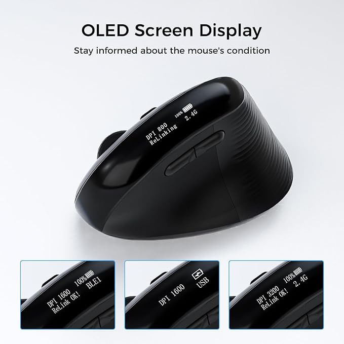 Wireless Ergonomic Mouse, Vertical Ergo Mouse with OLED Screen, Quiet Click, Rechargeable, Wired/Bluetooth/2.4GHz, 5 Adijustable DPI 800-6400 for Laptop, PC, Desktop, Computer, Black