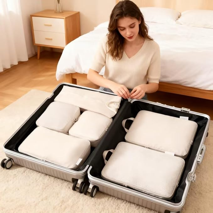 6-piece travel compression packaging cube - foldable travel bag expandable, luggage storage bag. (beige)