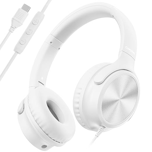 USB C Headphones Wired, Over Ear USB C Wired Headphones with Microphone, Volume Control, HD Stereo Sound, Foldable USB Type C Headphones for Adult/Teens/Chromebook/Laptop/Computer/iPhone,White