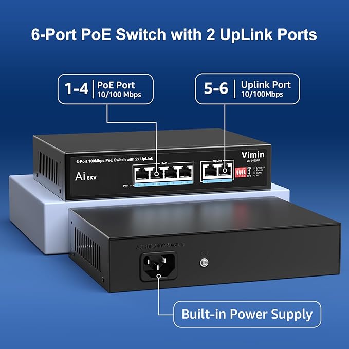 6-Port PoE Switch with 4 Port PoE, VIMIN 4-Port Unmanaged 10/100Mbps Network PoE Switch with 2 Uplink Ports, AI Watchdog, VLAN, Extend 250m, Support IEEE802.3af/at, 72W PoE Power