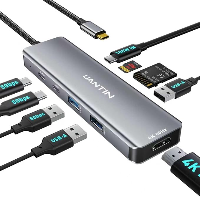 9-in-1 USB C Hub, 4K60Hz HDMI Multiport Adapter with 2 USB-C 5Gbps, 100W PD Charging, 3 USB-A Ports, SD/TF Card Reader, USBC Dock Dongle for MacBook Pro/Air, iPad Pro, Dell, HP, Laptop