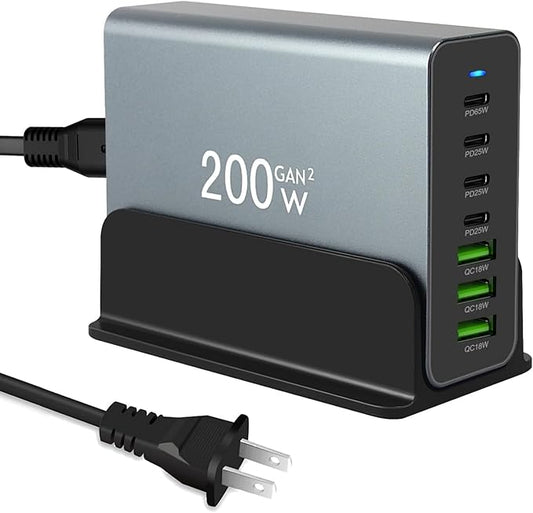 200W Multiple USB Charger Station, 7-Ports Aluminum Alloy USB C Charger Block with Max PD 65W, 4 PD Type-C, 3 QC A Ports Fast Charging Block, USB Charging Hub for Phones,Tablets,Laptop