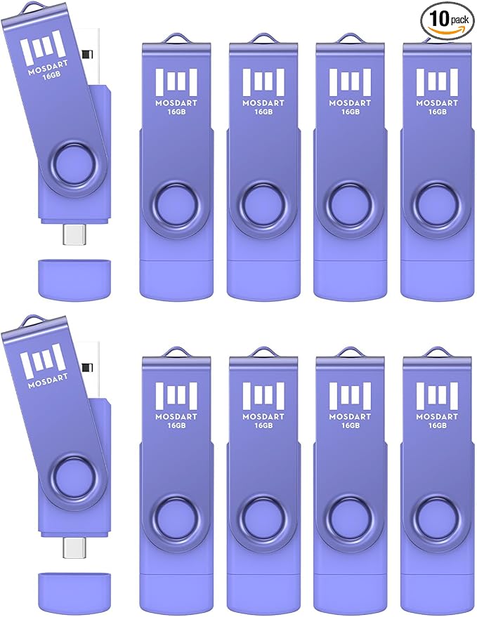 MOSDART 16GB FAT32 USB C Flash Drive - USB 2.0 Type-C OTG 2-in-1 Dual Thumb Drive Memory Stick, A and C interfaces for Android Phones, iPhone 15, MacBook, iPad, Windows Laptop, Purple (Pack of 10)