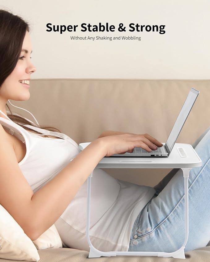 Foldable Lap Desk, Laptop Bed Desk, Portable Lap Table, Laptop Bed Table with Cup Holder & Tablet Slot & Lifting Handle for Working Writing Drawing & Eating - White