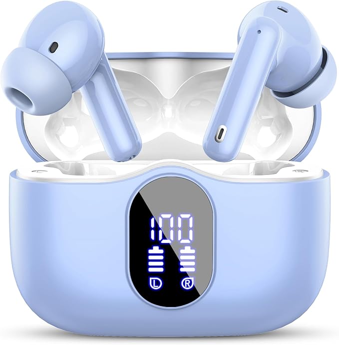Wireless Earbuds, Bluetooth 5.4 Headphones Bass Stereo, Ear Buds with Noise Cancelling Mic, LED Display in Ear Earphones Clear Calls, IP7 Waterproof Bluetooth Earbuds for Laptop/Phones, Pale Blue