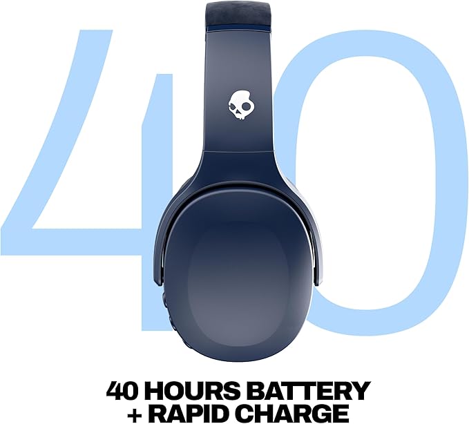 Skullcandy Crusher Evo Wireless Bluetooth Headphones with Multi-Sensory Bass, Noise Isolating Over-Ear Fit, Up to 40 Hours Battery, Microphone for iPhone Android - Blue/Grey