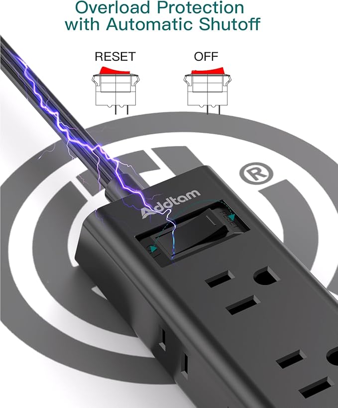 Cruise Ship Essentials, Flat Plug Power Strip, Addtam 3FT Ultra Flat Extension Cord with 6 Outlets Extender, No Surge Protector for Cruise Ship, Travel, Dorm, Home Office, Black