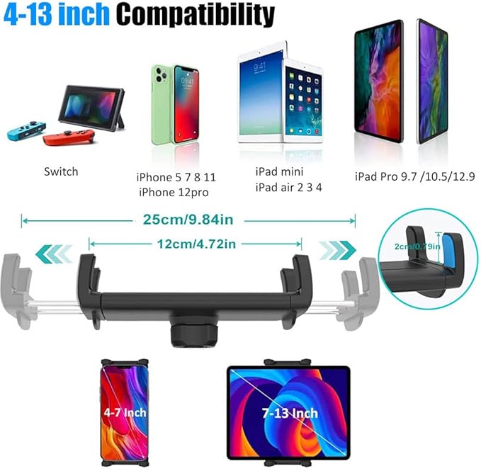Car Rear View Mirror Phone Holder Tablet Mount for 4-13" iPad & Cell Phone, 360° Rotatable Retractable Car Truck Holder Rearview Mount for iPad Pro 12.9 Air Mini, Galaxy Z Fold 4 3, iPhone etc