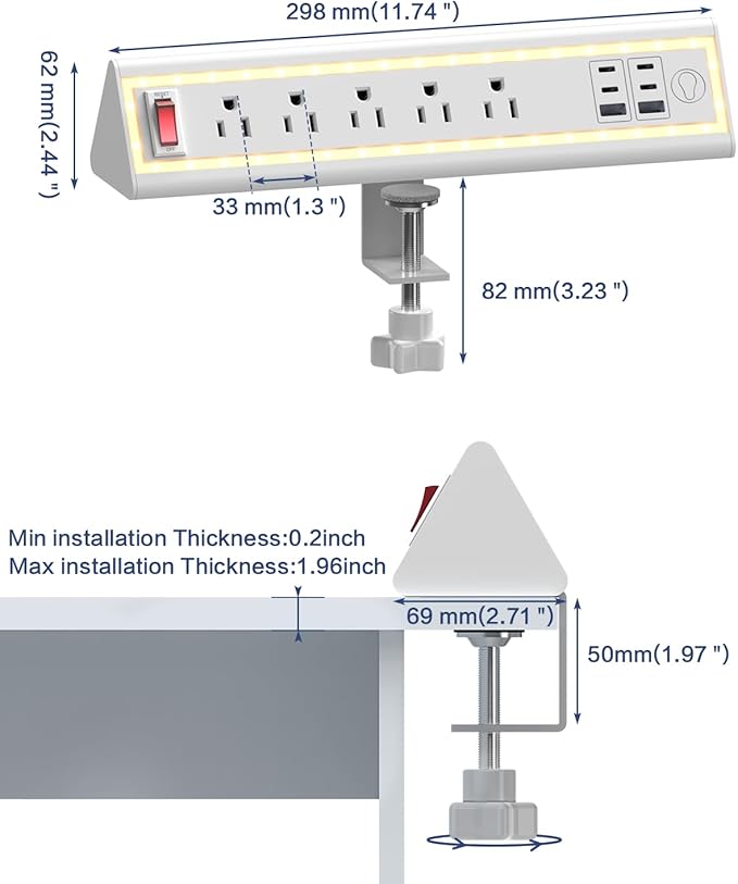Desk clamp Power Strip (White, 5 Outlets & 6 USB Ports)