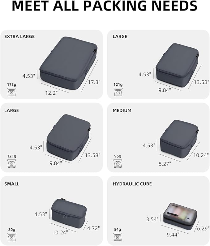6 Set Compression Packing Cubes for Travel, Large Medium Small Luggage Organizers (Charcoal Gray)