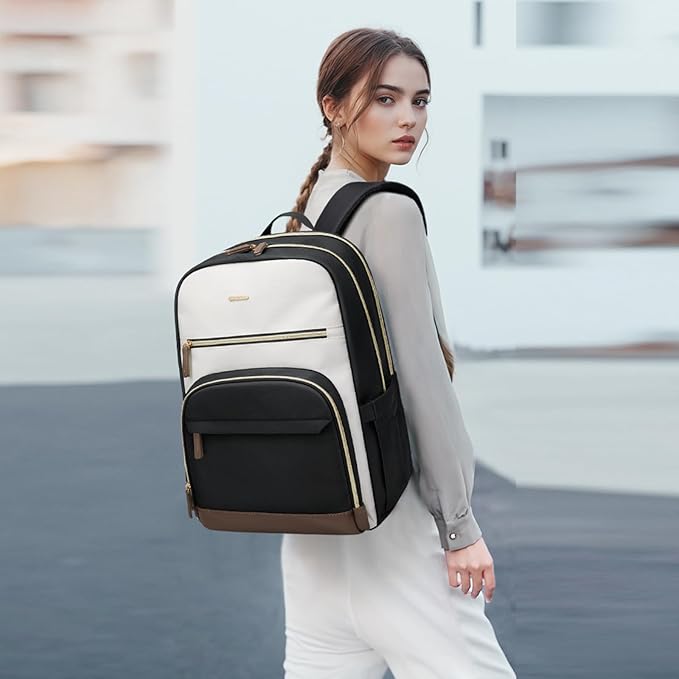 TENSTAR Laptop Backpack for Women, Computer Backpack Fit 16 Inch Notebook, Large Capacity College Backpack Bookbag Casual Daypack for Travel, Black with Beige