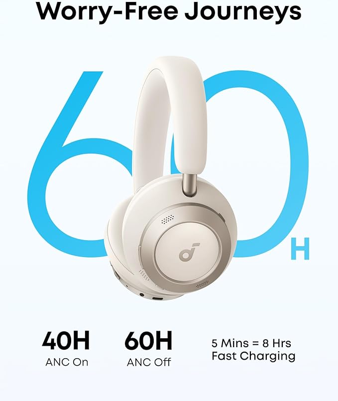 Soundcore Space One Pro, FlexiCurve Over-Ear Headphone, Adaptive Active Noise Cancelling Headphones Driven by 6 Mics, 60H Lossless Audio, Ultra-Fast Charging, Hi-Res Wireless, Comfortable Fit