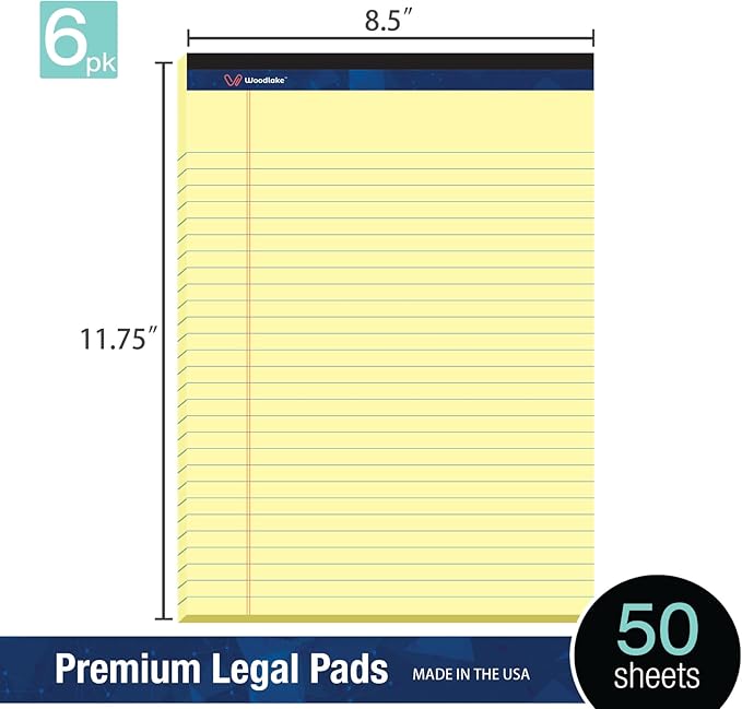 Woodlake Legal Pads 8.5 "x 11" – 6‑Pack, Wide Ruled, Premium Yellow Paper Pad No ink Bleed, Micro‑Perforated Writing Pads,50 Sheets, Letter Size Note pads for School, Office & Home, Made in USA