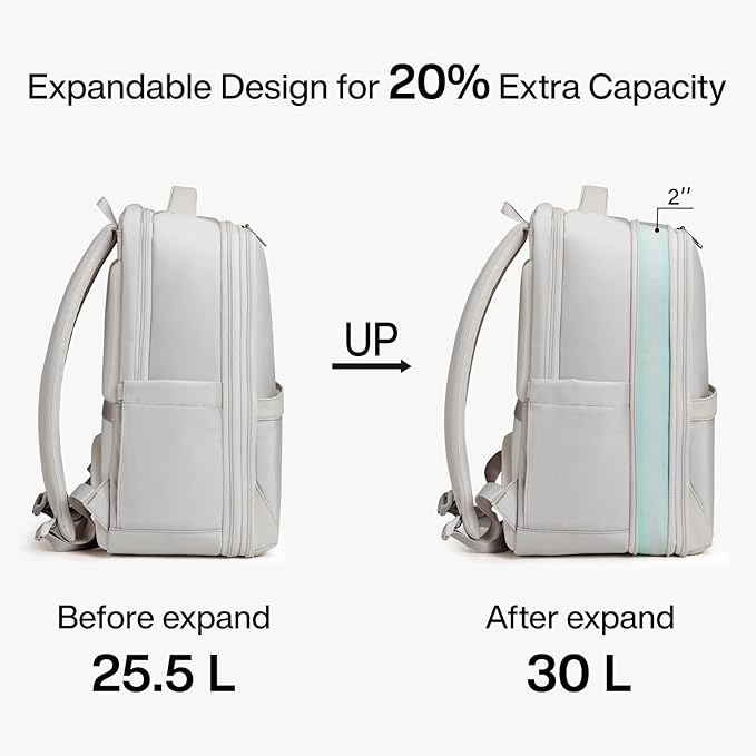 Hanke Expandable Travel Backpack 17 Inch, Full-Open Laptop Backpack Fits 15.6 Inch, Carry On Personal Item Bag with Luggage Strap, Business Work Backpack for Women Men, Greyish White