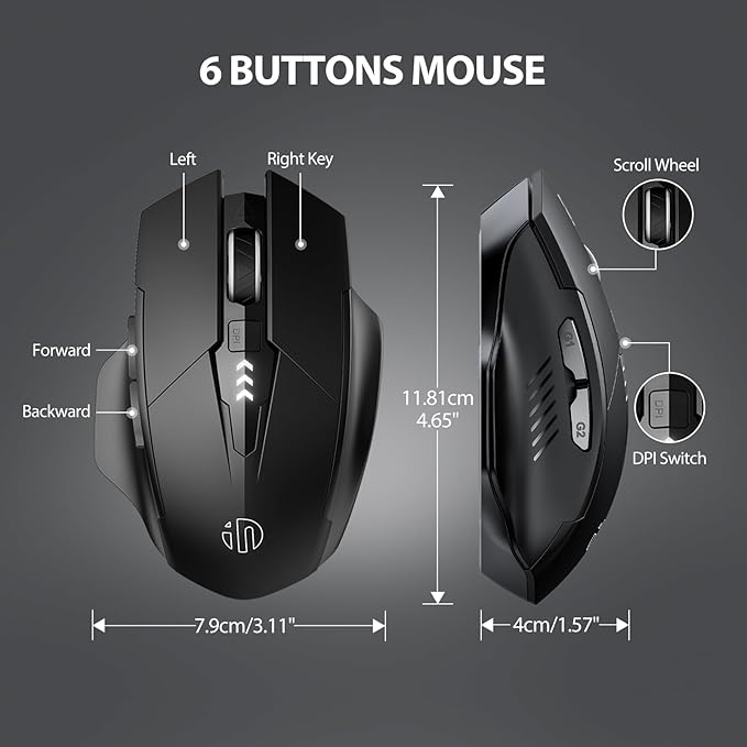 INPHIC Wireless Mouse Rechargeable, Battery Visible, 2400 DPI, 6 Buttons, Ergonomic Large Mouse for Laptop, Computer, Mac, PC etc.