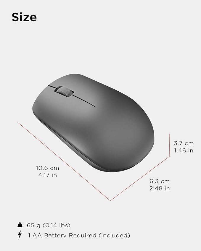 Lenovo 530 Full Size Wireless Computer Mouse for PC, Laptop, Computer with Windows - 2.4 GHz Nano USB Receiver - Ambidextrous Design - 12 Months Battery Life - Graphite Grey