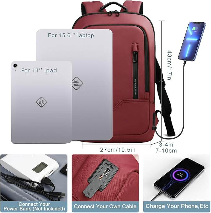 hk Backpack for Men Business Slim Backpack with USB Charger Computer Lightweight Anti-theft Travel (Red, 15.6 Inch)