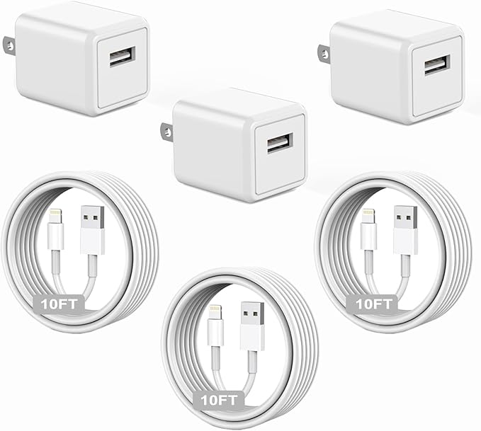 iPhone Charger,[Apple MFi Certified]3 Pack 10ft iPhone Charger Data Sync Transfer Lightning Cable with Travel USB Wall Charger Block Compatible with iPhone 14/13/12/11 Pro/SE/XS/X/XR/8/7/iPad/AirPods