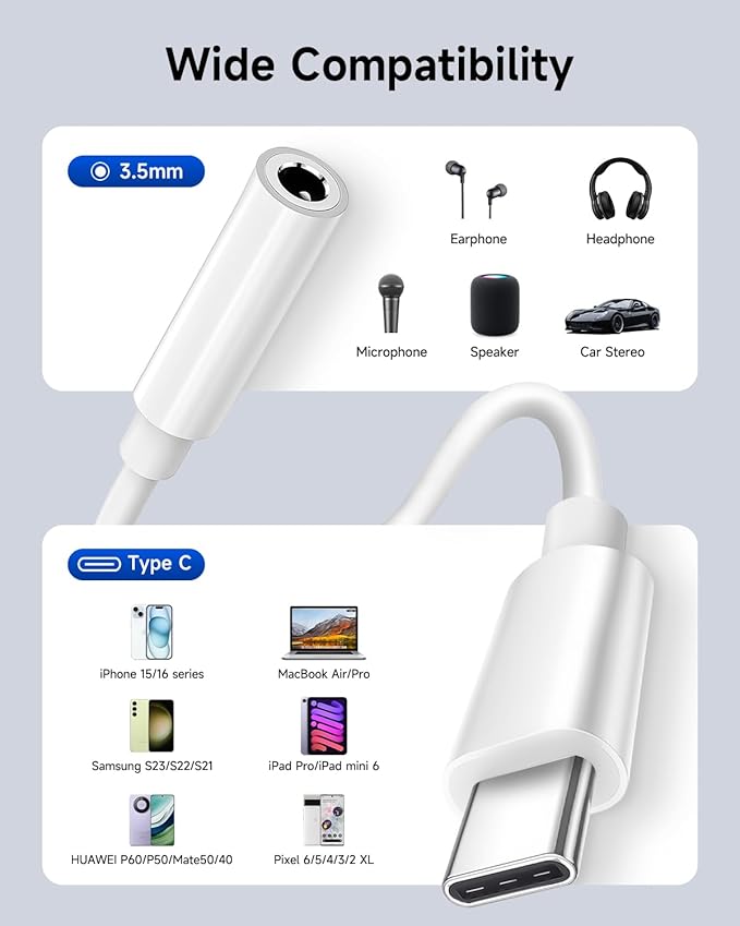 USB-C to 3.5mm Audio Headphone Adapter, 2-Pack Type C to Jack Dongle Adapter Cable Cord Compatible with Apple iPhone 17/16/15/Pro/Max/Plus, iPad, MacBook, Samsung Galaxy S24/S23/S22/ Ultra, Pixel