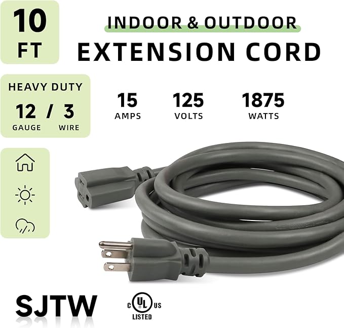 EP 10 Ft Outdoor Extension Cord, 12/3 SJTW Heavy Duty Extension Cable with 3 Prong Grounded Plug, 15 AMP Power Cord for Lawn, Garden, Appliances, Gray