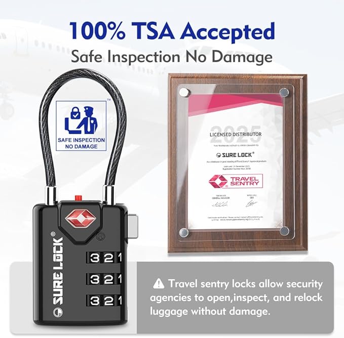 SURE LOCK TSA Compatible Travel Luggage Locks, Inspection Indicator, Easy Read Dials TSA Approved with Zinc Alloy Four Colour