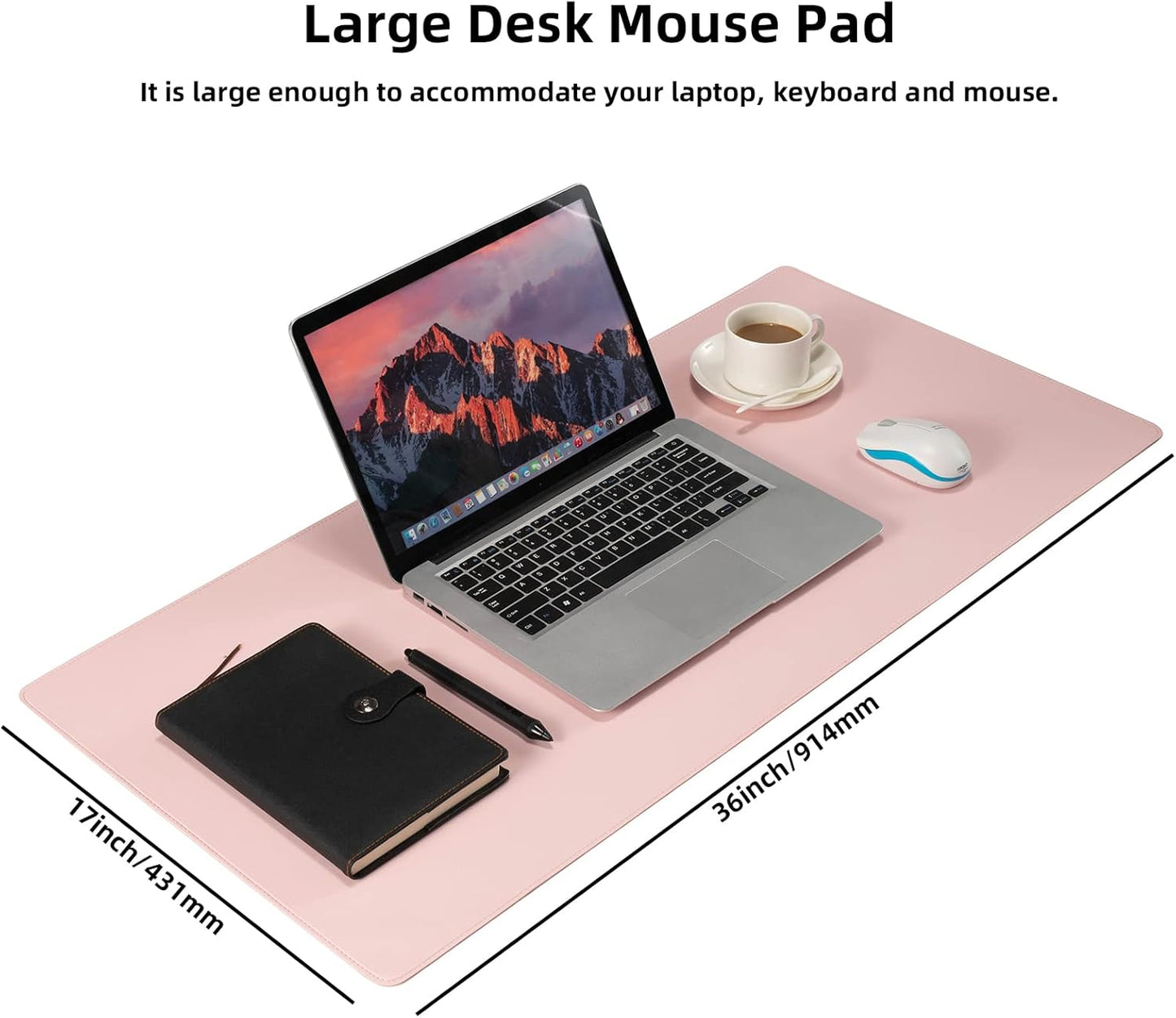 PU Leather Desk Pad Blotter,Light Pink Waterproof Office Desktop Mat for Women,36x17in Non-Slip Large Mouse Pad Writing Protector