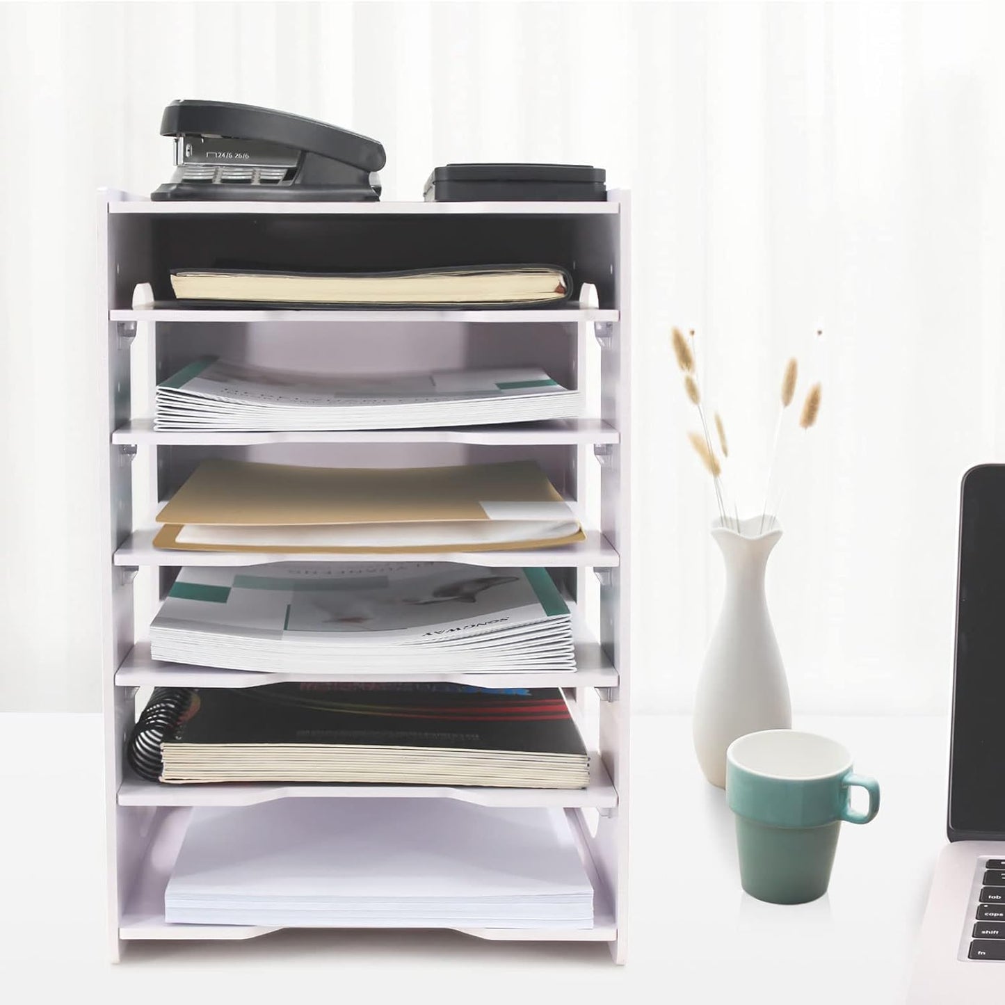 SONGWAY File Organizer for Desk - 7 Tier Document Holder with Removable Shelves, Letter Mail Rack, File Sorter Organizer, A4 Paper Storage Holder, Desktop Organizer for Home Office School, White