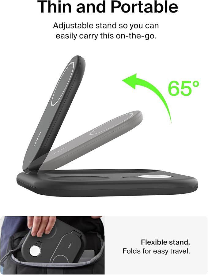 Belkin 3-in-1 MagSafe-Compatible iPhone Charger - Foldable Magnetic Qi2 Certified, MagSafe Charging Station for Phone, Apple Watch, AirPods - Wireless for Multiple Devices