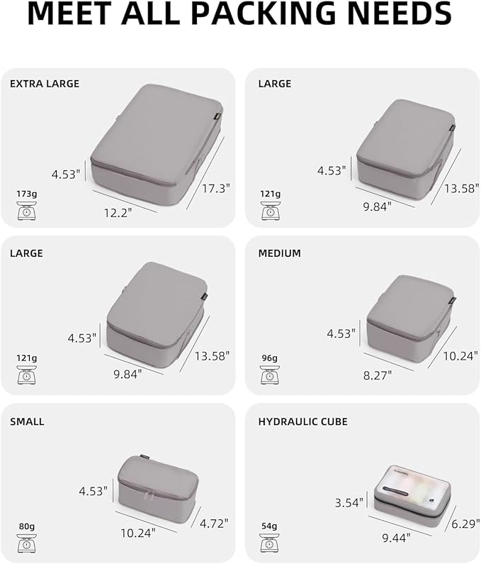6 Set Compression Packing Cubes for Travel, Large Medium Small Luggage Organizers (Misty Silver)