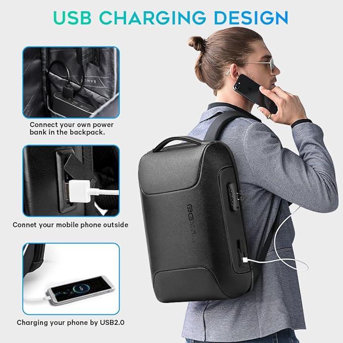 BANGE Black Genuine Leather Laptop Backpack for Men，Anti Theft Business Backpack with USB3.0 Charging Port, Smart Professional Lightweight Travel Backpacks for 15.6 Inch Laptop…