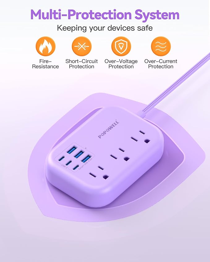 6 USB Power Strip- Purple Power Strip with 3 Outlets and 6 USB(3 USB C) 4.8A Charging Ports for iPhone 15, 5 FT Purple Extension Cord, Slim Flat Plug for Cruise Ship Essential, Office Dorm.