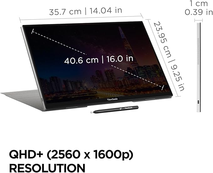 ViewSonic TD1656-2K 16 Inch WQXGA 1600p IPS Touchscreen Portable Monitor with 2 Way Powered 65W USB C, and Smart Cover with Built-in Stand