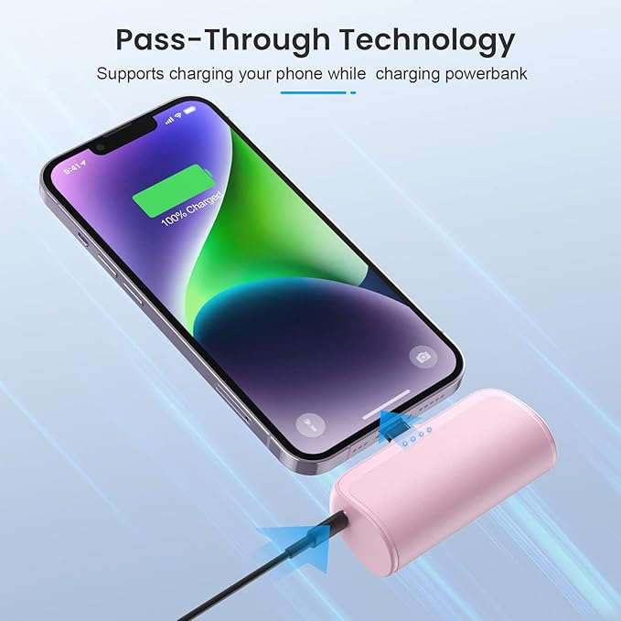 [2 Pack]Mini Portable Charger for iPhone,5200mAh Ultra-Compact Fast Charging Power Bank Cordless Cute Small Smart Battery Pack Compatible with iPhone 14/14 Pro Max/13/13 Pro/12/XR/8/7/6(Pink+Purple)