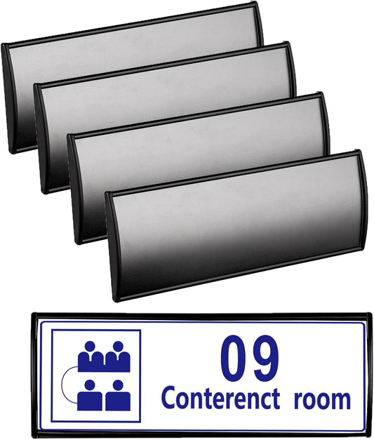 5Pcs Office Name Plates Holder for Doors, 3” X 8” Curved Wall Mount Door Sign Holder, Black Aluminum Sign Holder for Office Wall with Plastic Film and Adhesive Tape