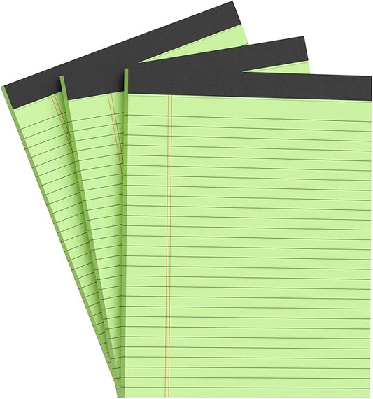 Green Legal Pad Note Pads 8.5 x 11 inch, Wide Ruled Clear Print Writing Pads 30 Sheets/Pad, 20lb Colored Paper, Perforated Notepad with Sturdy Back (3 Pads Green)