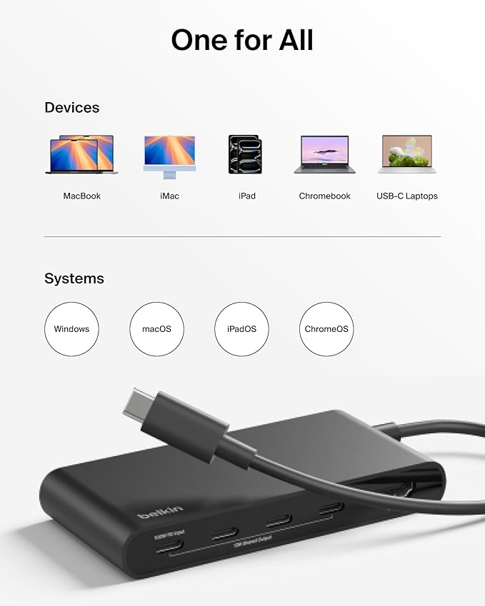 Belkin USB C Hub, 5-Port Hub w/ 4K HDMI Display @ 60Hz, 100W Power Delivery, Fast Data Transfer 10Gbps, USB C Multiport Adapter - Compatible with MacBook, iPad Pro, Chromebook, & More