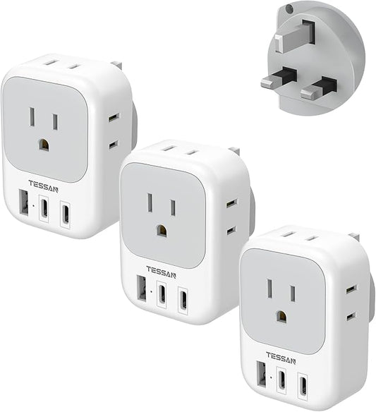 US to UK Plug Adapter 3 Pack, TESSAN Type G Adapter for Travel with 4 Outlets 3 USB (2 USB-C), Power Adaptor for US to UK Ireland London Scotland Kenya Dubai Singapore Hong Kong
