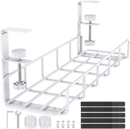 Under Desk Cable Management Tray, 15.7'' No Drill Steel Cable Tray Organizers, Wire Management Tray Cable Rack with Clamp Mount, Metal Under Desk Tray with Wire and Cord Organizer White（1pack
