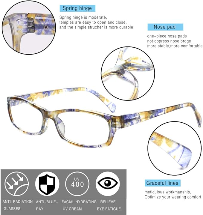 Henotin 5-Pack Reading Glasses Blue Light Blocking Anti Eyestrain Computer Reading Glasses for Women and Men Readers (Mix Color, 1.00)