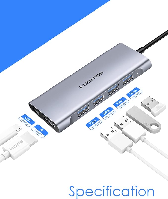 LENTION USB-C Multi-Port Hub with 4K HDMI Output, 100W PD, 4 USB 3.0 5Gbps Compatible 2024-2016 MacBook Pro, New Mac Air & Surface, Chromebook, iPhone 15, More, Stable Driver Adapter (C35, Space Gray)