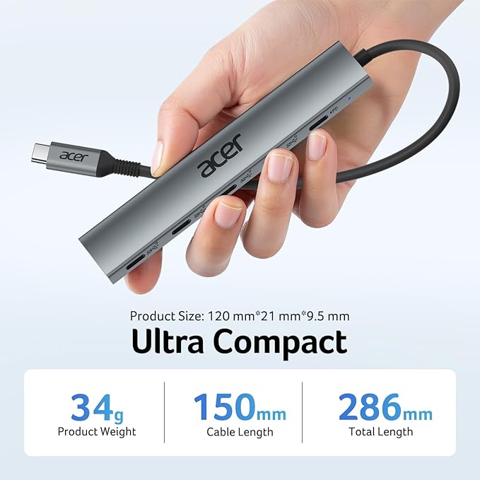 Acer 10 Gbps USB C Hub, USBC Splitter with 4*USB C 3.2 and 100W PD Port, Fast Transfer Type-C Multiport Adapter Compatible with MacBook Pro/Air M2/M1, iPad, Surface Pro, XPS【No Video Output】