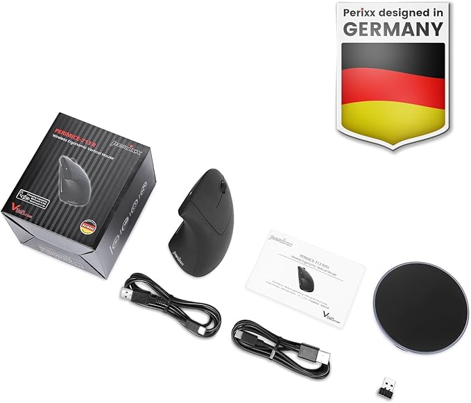Perixx PERIMICE-713RX Wireless Rechargeable Vertical Mouse - Duo Wired and Wireless Charging Feature - Charging Pad Included - 6 Buttons Design - Black - Right-Handed Design
