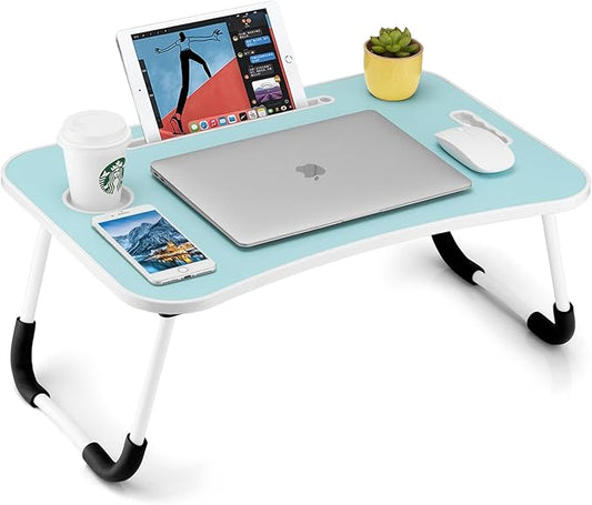 Foldable Laptop Table, Portable Lap Desk Bed Table Tray, Laptop Stand with Cup Holder & Tablet Slot & Lifting Handle for Working Writing Drawing & Eating (Blue)
